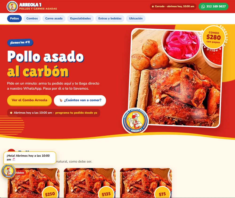 Arreola 1: portada del menú con el combo destacado, botones de pedido y horario