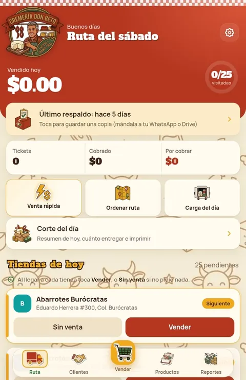 Cremería Don Beto: pantalla Ruta del día con lo vendido, tiendas visitadas y la siguiente tienda
