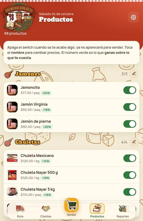 Cremería Don Beto: catálogo de productos con precios, ganancia y switch de disponibilidad