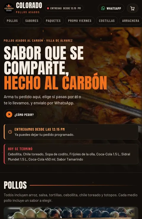 Pollos Colorado: portada del menú con el horario de entregas y los productos agotados del día