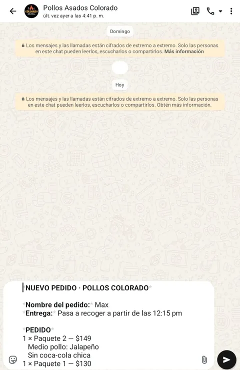 Pollos Colorado: el pedido llega escrito y ordenado al WhatsApp del negocio