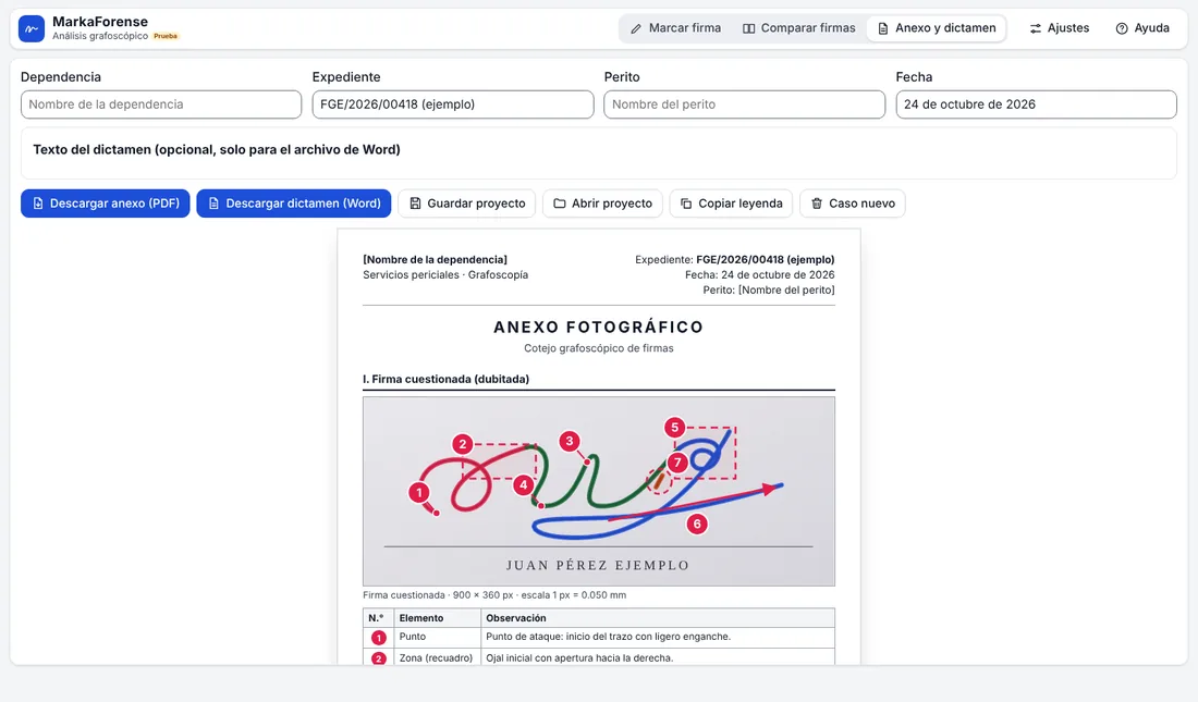MarkaForense, pantalla Anexo y dictamen: datos del expediente, botones para descargar el anexo en PDF y el dictamen en Word, y vista previa del anexo fotográfico